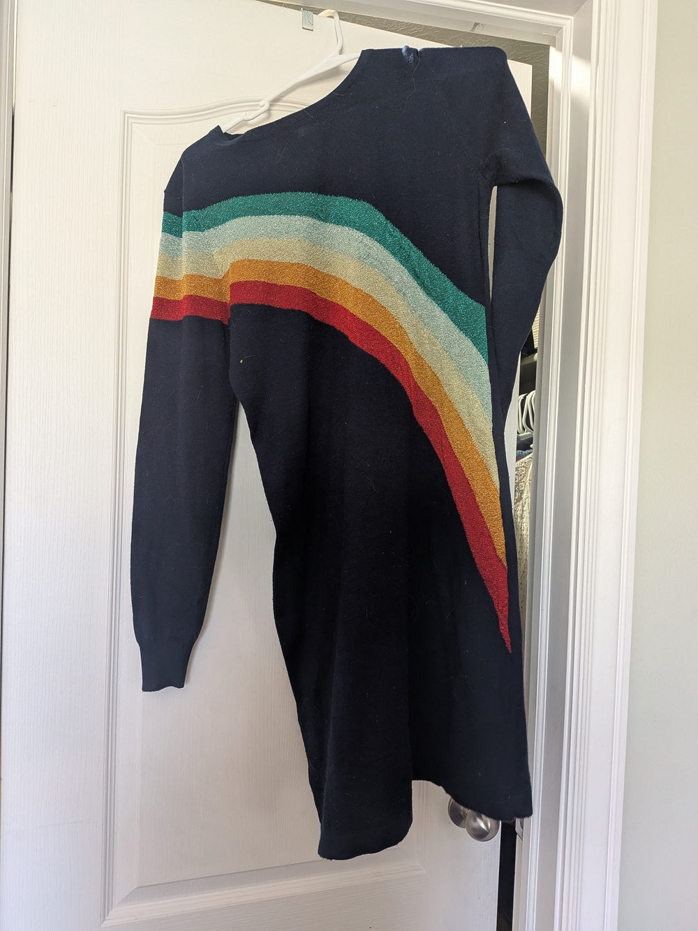 Navy Rainbow Stripe Crewneck Sweater Dress